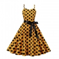 Yellow Print Black Wave Point Sleeveless High Waist Summer Party Swing Slip Dress N23017