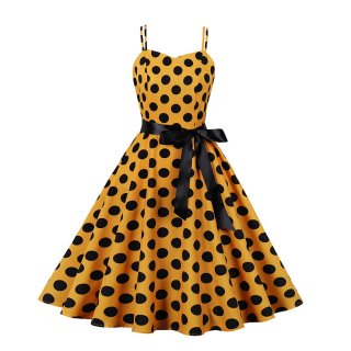 Yellow Print Black Wave Point Sleeveless High Waist Summer Party Swing Slip Dress N23017