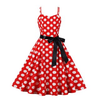 Red Print White Wave Point Sleeveless High Waist Summer Party Swing Slip Dress N23016