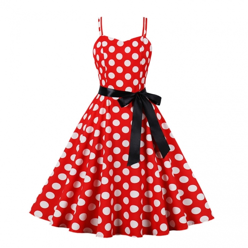 Red Print White Wave Point Sleeveless High Waist Summer Party Swing Slip Dress N23016