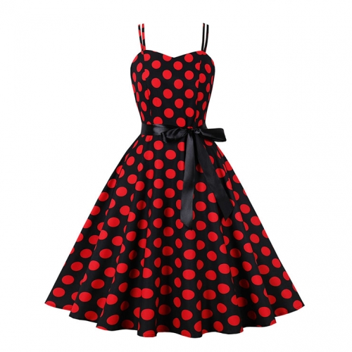 Black Print Red Wave Point Sleeveless High Waist Summer Party Swing Slip Dress N23014