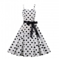 White Print Black Wave Point Sleeveless High Waist Summer Party Swing Slip Dress N23012
