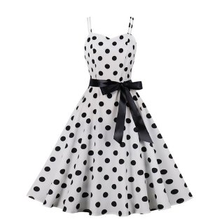 White Print Black Wave Point Sleeveless High Waist Summer Party Swing Slip Dress N23012