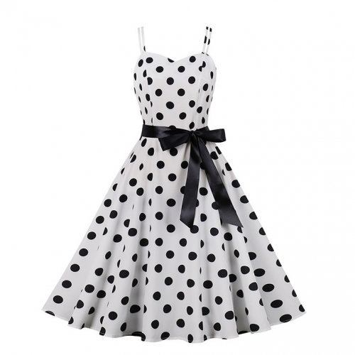 White Print Black Wave Point Sleeveless High Waist Summer Party Swing Slip Dress N23012