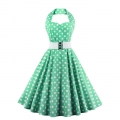 Vintage Wave Point Printing Green Hanging Neck Backless Cocktail Party Midi Dress N23001
