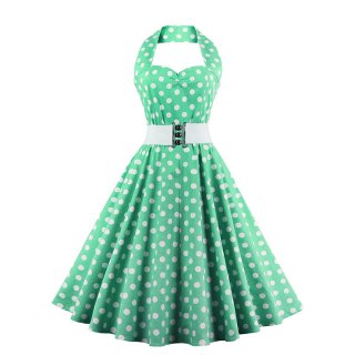Vintage Wave Point Printing Green Hanging Neck Backless Cocktail Party Midi Dress N23001