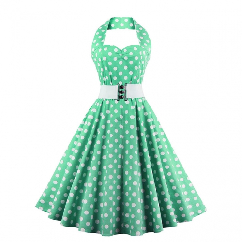 Vintage Wave Point Printing Green Hanging Neck Backless Cocktail Party Midi Dress N23001
