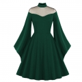 Green Gothic See-through Mesh Patchwork Stand Neck Flare Sleeve Vampire Retro Midi Dress N23000