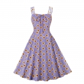 Light-purple Print Spaghetti Straps Sleeveless High Waist Summer Party Swing Slip Dress N22999