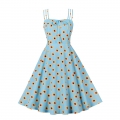 Light-blue Daisy Print Spaghetti Straps Sleeveless High Waist Summer Party Swing Slip Dress N22998