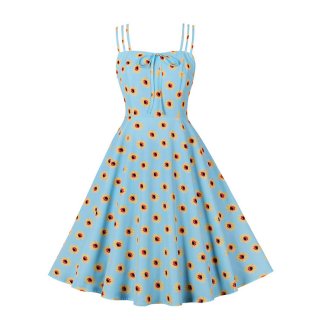 Light-blue Daisy Print Spaghetti Straps Sleeveless High Waist Summer Party Swing Slip Dress N22998