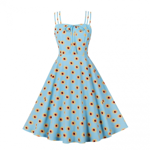Light-blue Daisy Print Spaghetti Straps Sleeveless High Waist Summer Party Swing Slip Dress N22998
