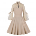 Apricot See-through Mesh Patchwork Turndown Collar Flare Sleeve High Waist Swing Dress N22996