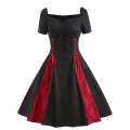 Elegant Black Short Sleeves Lace-up Sweetheart Neckline Red Lace High Waist Midi Dress N22995