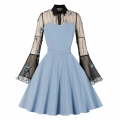 Light-blue Lapel See-through Mesh Floral Embroidered Horn Sleeve Stitching A-line Dress N22994