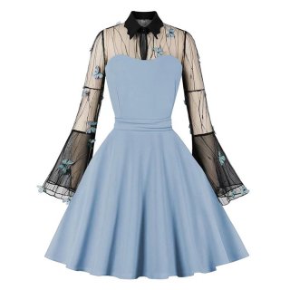 Light-blue Lapel See-through Mesh Floral Embroidered Horn Sleeve Stitching A-line Dress N22994