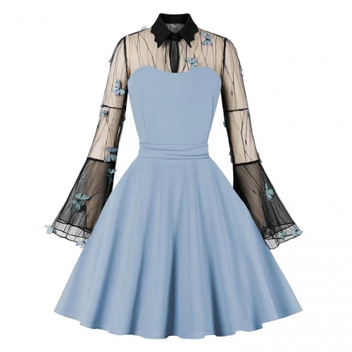 Light-blue Lapel See-through Mesh Floral Embroidered Horn Sleeve Stitching A-line Dress N22994