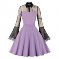 Light-purple Lapel See-through Mesh Floral Embroidered Horn Sleeve Stitching A-line Dress N22993