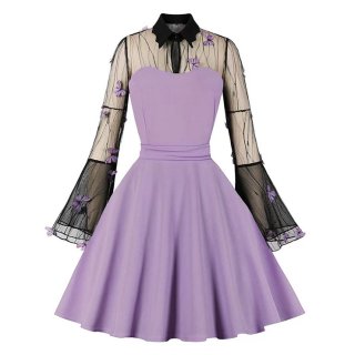 Light-purple Lapel See-through Mesh Floral Embroidered Horn Sleeve Stitching A-line Dress N22993