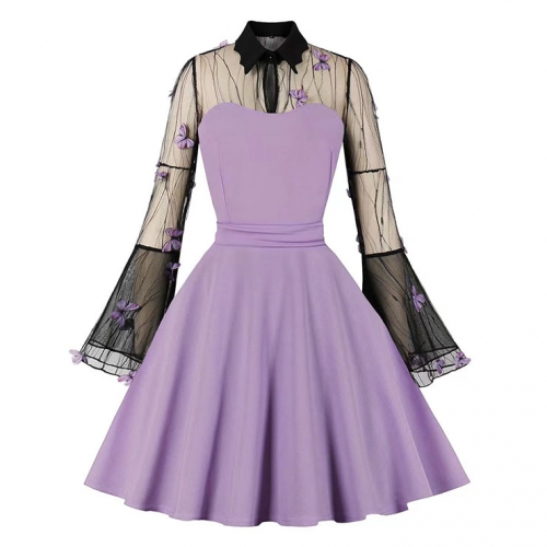 Light-purple Lapel See-through Mesh Floral Embroidered Horn Sleeve Stitching A-line Dress N22993