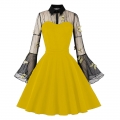 Yellow Lapel See-through Mesh Floral Embroidered Horn Sleeve Stitching A-line Dress N22989