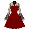 Wine-red Lapel See-through Mesh Floral Embroidered Horn Sleeve Stitching A-line Dress N22988