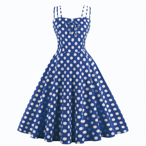 Sexy Dark-blue Vintage Strappy Polka Dot Printed Swing Summer Day Dress N22987