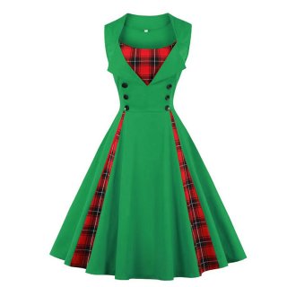 Women's Green Vintage Tartan Plaid Patchwork Sleeveless Casual Cocktail Dress N22984