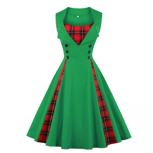 Women's Green Vintage Tartan Plaid Patchwork Sleeveless Casual Cocktail Dress N22984