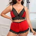 Sexy Plus Size Lace Spaghetti Strap Crop Top and Short Pants Lingerie Set N22939