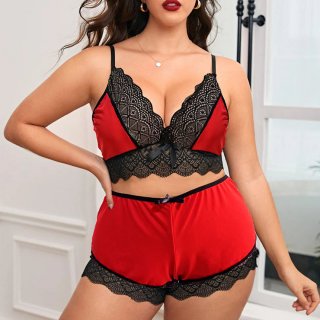 Sexy Plus Size Lace Spaghetti Strap Crop Top and Short Pants Lingerie Set N22939