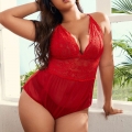 Plus Size Red Sexy See-through Floral Lace Low-bra Bodysuit Teddies Lingerie N22937
