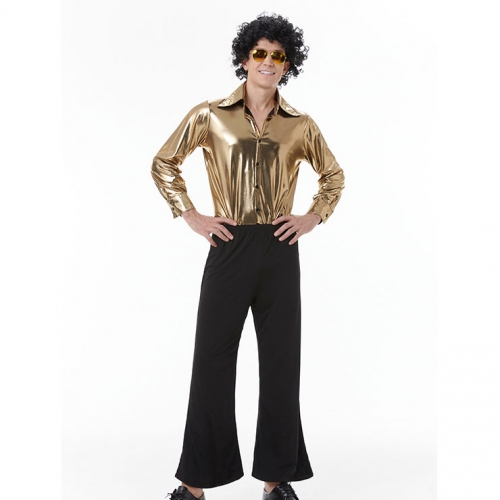 Golden Men's 70s Disco Dancing King Shiny Shirt Bell-bottoms Outfit Masquerade Costume N22916