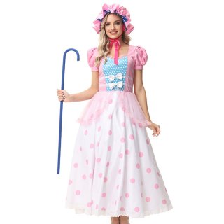 Lovely Girl Short Sleeve Long Dress Toy Story Bo Peep Cosplay Fancy Ball Costume N22914
