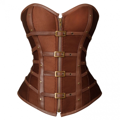 Sexy Brown Leather and Satin Buckle-up Zipper Corset N22904