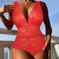 Sexy Red Plunging Neckline See-through Lace Cut-out Bodysuit Teddies Lingerie N22896