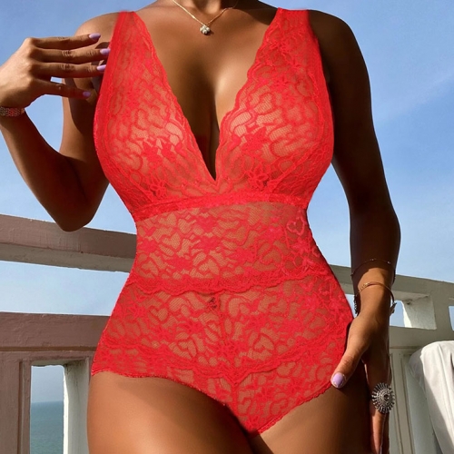 Sexy Red Plunging Neckline See-through Lace Cut-out Bodysuit Teddies Lingerie N22896