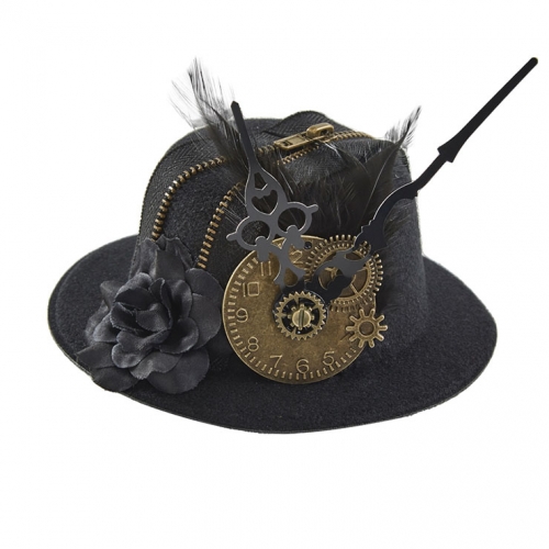 Black Steampunk Vintage Dial Pointer and Feather Halloween Costume Top Hat J22874