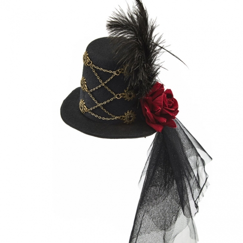 Steampunk Red Rose and Gear Lace Feather Halloween Costume Top Hat J22868