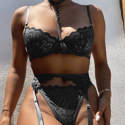 Sexy Black Spaghetti Straps Lace Backless Bra and Thong Lingerie with Garters N22853