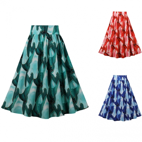 Retro Multi Green High Waisted A-line Ruffle Hem Skirt N22839