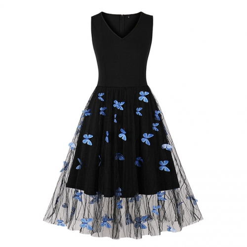 Vintage V Neck Blue Butterfly Sleeveless High Waist Summer Party Midi Dress N22838