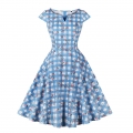 Vintage Flower Pattern V Neck Zipper Short Sleeve High Waist Summer Daily Swing Dress N22837