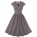 Vintage Plaid V Neck Zipper Short Sleeve High Waist Summer Daily Swing Dress N22836