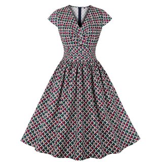 Vintage Plaid V Neck Zipper Short Sleeve High Waist Summer Daily Swing Dress N22836