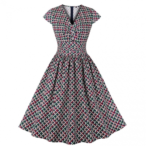 Vintage Plaid V Neck Zipper Short Sleeve High Waist Summer Daily Swing Dress N22836