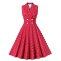 Vintage Red Round Dot Sleeveless High Waist Summer Cocktail Party Midi Dress N22833
