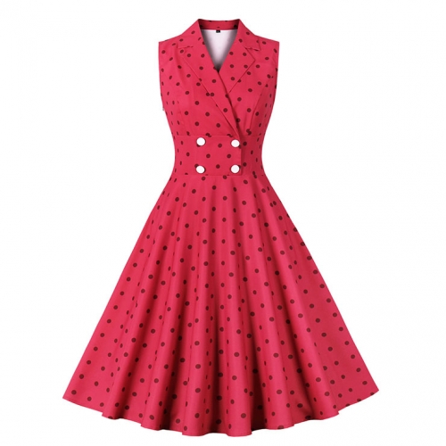 Vintage Red Round Dot Sleeveless High Waist Summer Cocktail Party Midi Dress N22833