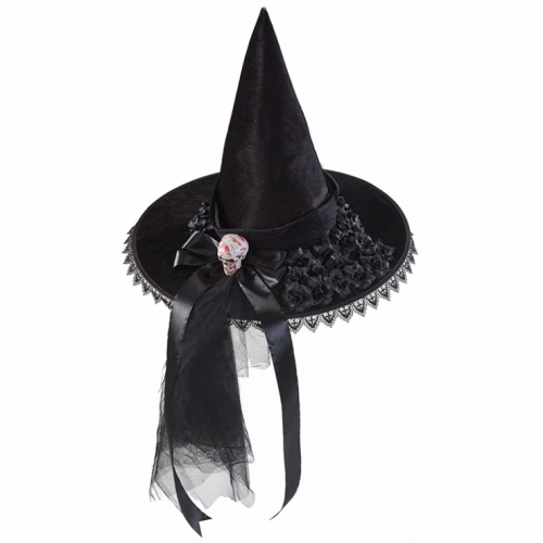 Black Steampunk Skull Head Rose Ribbon Wizard Cosplay Halloween Costume Hat J22802
