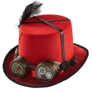 Red Steampunk Feather and Gear Goggles Masquerade Halloween Costume Top Hat J22790